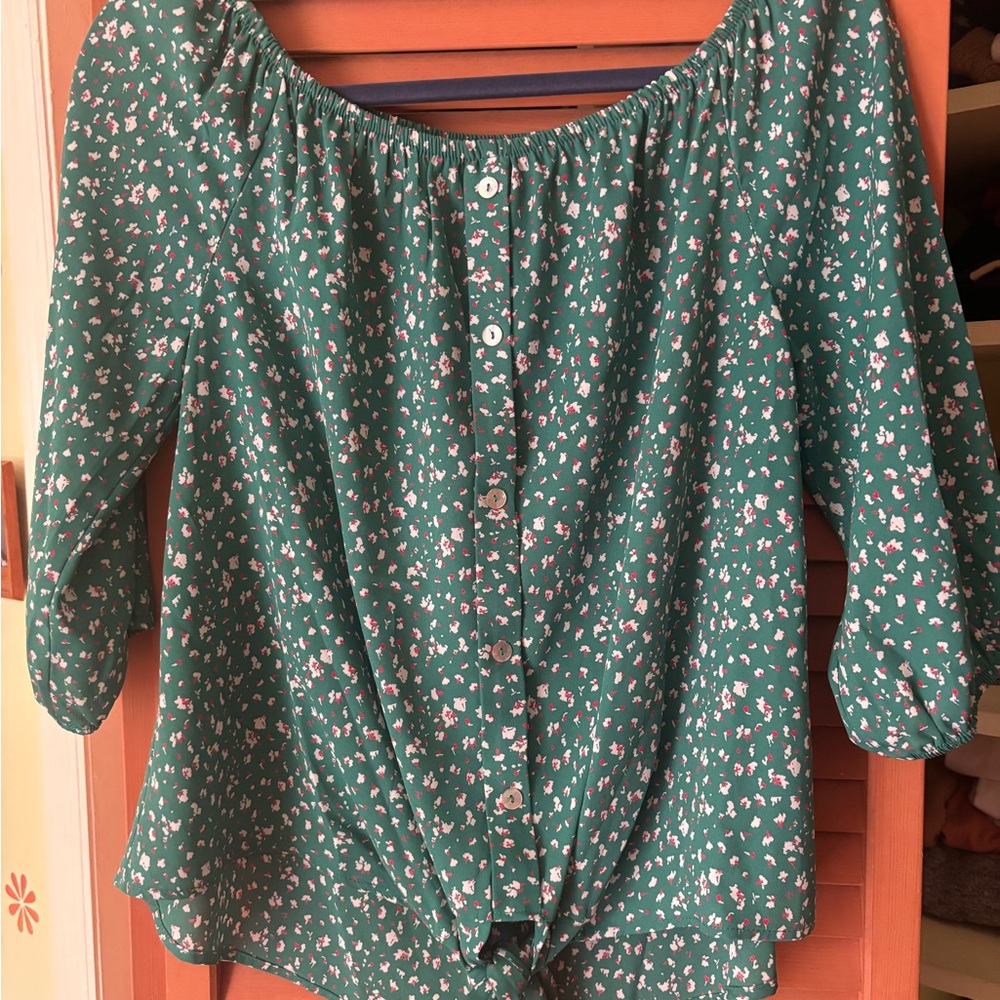 West Kei Green Puff Sleeve Blouse with Tie Front